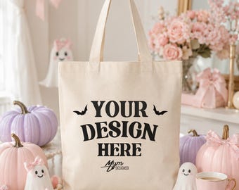 Halloween Coquette Tote Mockup Natural Cotton Canvas Pink Ghost Bag Spooky