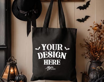 Halloween Black Cotton Canvas Tote Mockup Witch Hat Spooky Entryway OAD113