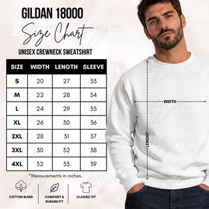 May include: A Gildan 18000 unisex crewneck sweatshirt size chart featuring a table with width, length, and sleeve measurements in inches for sizes S through 4XL. The chart includes icons for cotton blend, comfort, and classic fit.