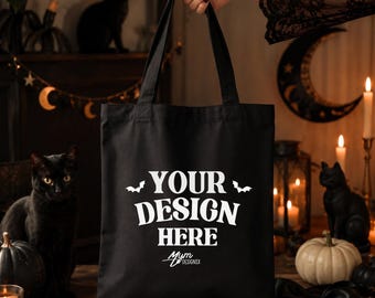 Halloween Black Canvas Tote Mockup Witchcore Cat Bag Spooky Dark Academia