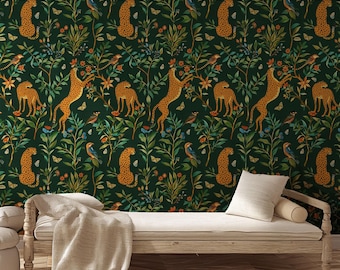 Dark Exotic Animal Wall Coverings - Green Jungle Wallpaper – Tropical Leopard Mural - Peel and Stick Canvas Wild Animals Mural