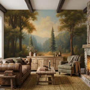 Vintage Forest Mural Wallpaper - Peel and Stick Botanical Wallpaper - Scenic Panoramic Country Landscape Wallpaper - Etching Mural
