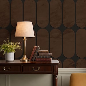 Geometric Wallpaper with a Mid-Century Arch Motif in Terracotta and Black - Peel and Stick Canvas Art Deco Mural for Entryway, Livingroom