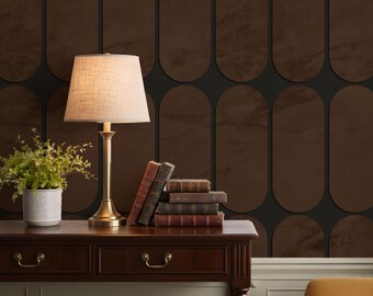 Geometric Wallpaper with a Mid-Century Arch Motif in Terracotta and Black - Peel and Stick Canvas Art Deco Mural for Entryway, Livingroom