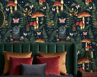 May include: Wallpaper featuring a dark background with a repeating pattern of red-capped mushrooms, green fern leaves, small white and pink butterflies, golden keys, and miniature dark blue doors with round knobs.