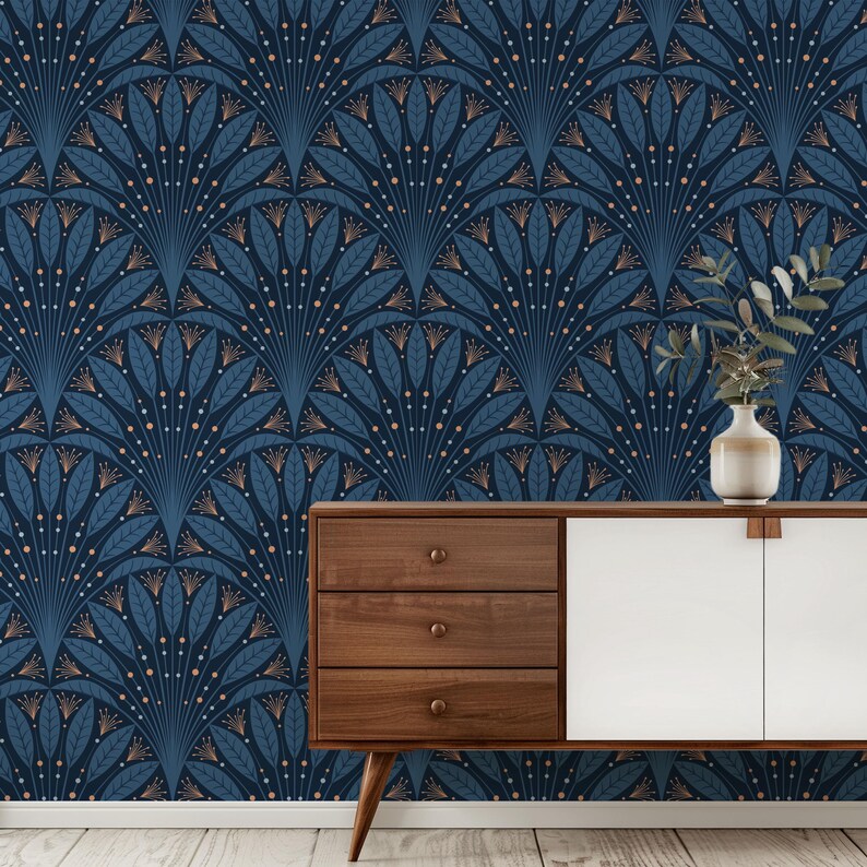 Art Deco Navy Blue and Gold Geometric Wallpaper - Removeable Peel and ...
