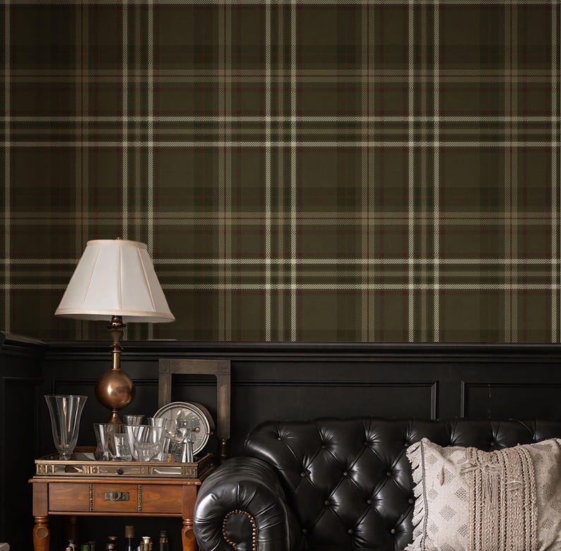 Plaid Tartan Olive Green Wallpaper – Moody Sage Green Farmhouse Peel ...