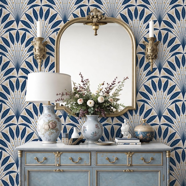 Art Deco Navy Blue Geometric Wallpaper - Wall Coverings Peel and Stick Canvas or Vinyl Mural for Living Room, Dinner Room and Entrance