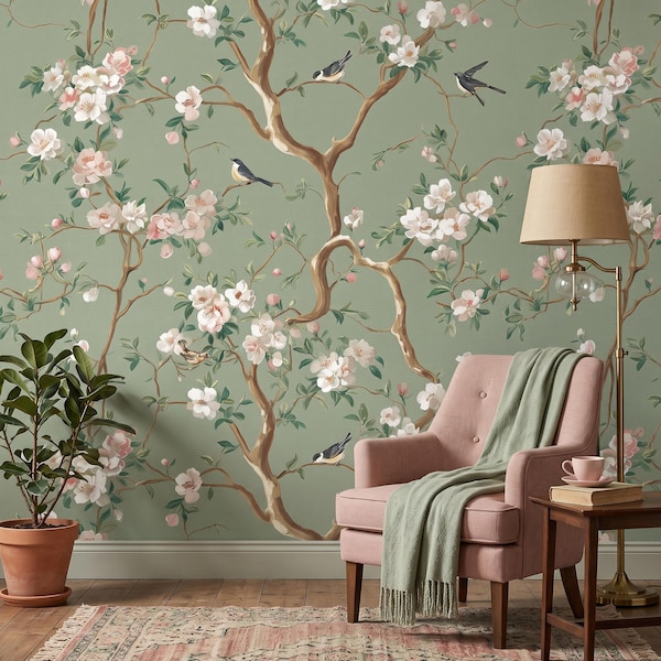 Daisy Botanical Green Bird Wallpaper - Vintage Floral Pattern with Birds and Branches Mural - Chinoiserie Peel and Stick Wall Paper