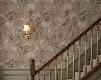 Sage Brown Floral Peel and Stick Wallpaper, Vintage Botanical Mural