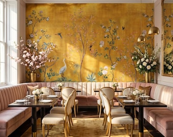 Vintage Gold Chinoiserie Wallpaper - Birds & Botanical Peel and Stick Mural - Japanese Wall Paper