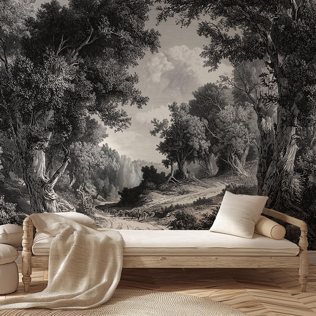 Landscape Wall Art - Peel and Stick Black Scenic Forest Wallpaper ...