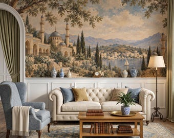 Vintage Mountain Forest Mural Wallpaper - Peel and Stick Botanical Wallpaper - Scenic Panoramic Country Landscape Wallpaper - Etching Mural