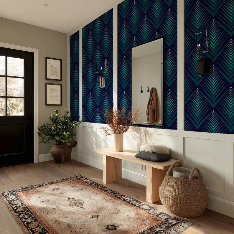 Art Deco Navy Blue and Gold Geometric Wallpaper - Removeable Peel and ...