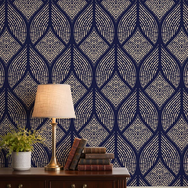Art Deco Navy Blue and Gold Color Geometric Wallpaper - Luxury Removable Peel and Stick Canvas or Vinyl Mural
