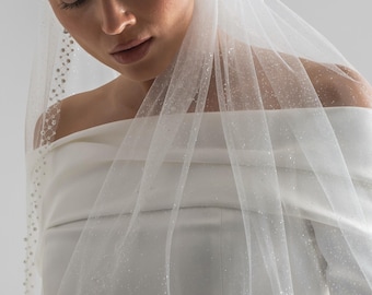 Pearl Beaded Edge Veil,Shimmer Tulle Bridal Veil,Elegant Fingertip Veil, Crystal Trim Wedding Veil, White & Light Ivory Options