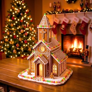 Könnte beinhalten: Eine Lebkuchenkirche mit weißen Zuckergussdetails, einem Kreuz auf dem Turm und bunten Gummibärchen-Akzenten entlang der Dachkanten. Zwei kleine Lebkuchenfiguren stehen am Eingang, der von innen mit einem warmen Licht beleuchtet wird.