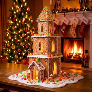 May include: A three-story gingerbread house with white icing details, arched windows, and colorful gumdrop decorations. The structure sits on a white icing base scattered with small candies and two gingerbread figures, illuminated from within.