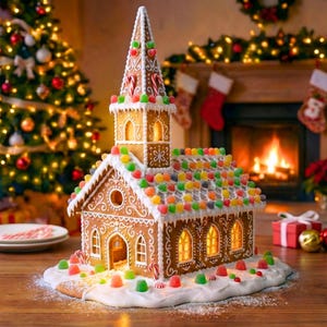 May include: A detailed gingerbread church with a tall steeple, decorated with colorful candies and icing. The roof is covered in gumdrops. The church sits on a white icing base, with a Christmas tree and fireplace in the background.