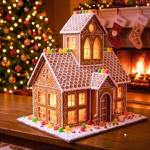 May include: A large gingerbread house featuring intricate white icing details, a shingled roof, and illuminated windows. The structure is decorated with colourful gumdrop sweets along the roofline and base, resting on a white icing-covered board.