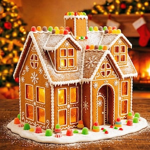 Puede incluir: Una casa de jengibre decorada con glaseado blanco, patrones de copos de nieve y gominolas de colores. La estructura cuenta con una chimenea, varias ventanas con un cálido resplandor interno y una base cubierta de glaseado blanco.