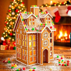 May include: A gingerbread house with a tall chimney, multiple windows, and a peaked roof decorated with colorful gumdrops and white icing snowflakes. The structure is illuminated from within, casting a warm glow through the window panes.