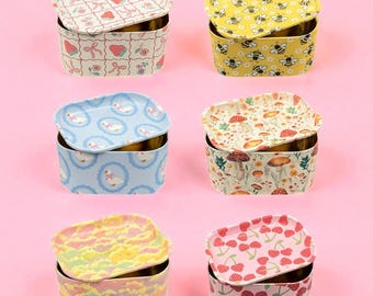 Tin Box Storage with Tray Lid, Large Metal Stash Container Cute Designs: Strawberry, Bee, Goose, Mushrooms, Clouds, Cherry