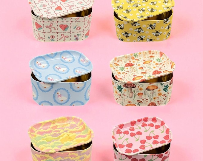 Tin Box Storage with Tray Lid, Large Metal Stash Container Cute Designs: Strawberry, Bee, Goose, Mushrooms, Clouds, Cherry