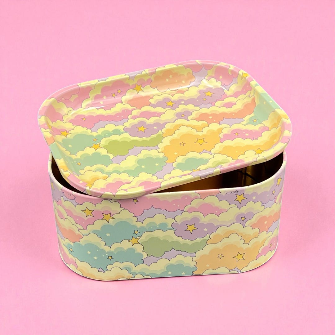 Clouds Tin Storage Box With Tray Lid, Large Metal Stash Container ...