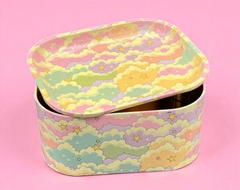 Clouds Tin Storage Box with Tray Lid, Large Metal Stash Container Kawaii Design