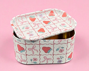 Strawberry Tin Storage Box with Tray Lid, Large Metal Stash Container Cute Design
