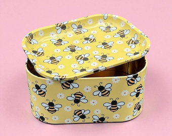 Bee Tin Storage Box with Tray Lid, Large Metal Stash Container Cute Design