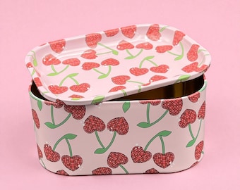 Cherry Tin Storage Box with Tray Lid, Large Metal Stash Container Disco Design