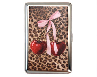 Vintage Metal Card Holder Cherry Wallet Tin Box – Leopard Cigarette Case Business Card, ID & Small Trinket Case