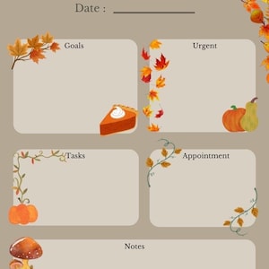 Könnte beinhalten: Ein herbstliches Tagesplaner-Design mit beigem Hintergrund und herbstlichen Blättern. Der Planer enthält Abschnitte für Ziele, dringende Aufgaben, Termine und Notizen. Illustrationen von Kürbiskuchen, Kürbissen und einer Kaffeetasse ergänzen das Design.