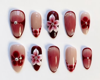 Burgunder Blumen Nägel/Herbst Nägel/Herbst Presse auf Nägel Lange Mandel Nägel/Blümen Blumen Nägel/Herbst Nägel/Rote Nägel/Claret French Nägel