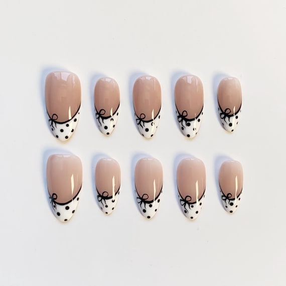 White French polka dots nails/Cute press on nails long almond nails/Bow Nails/Cute Nails/Kawaii Nails/Birthday Nails/Fall Nails/Custom Nails