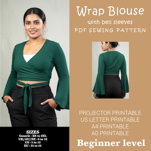 Puede incluir: Una blusa cruzada verde con mangas acampanadas. La imagen incluye una foto más pequeña de la blusa por la espalda. El texto de la imagen dice "Wrap Blouse with bell sleeves PDF Sewing Pattern" y "Beginner level". Tallas de XS a 2XL.
