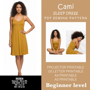 Puede incluir: Vestido cami para dormir de color mostaza. La imagen muestra a una mujer con el vestido, junto con dos imágenes más pequeñas. El texto de la imagen dice "Cami Sleep Dress PDF Sewing Pattern" y "Beginner level". Las tallas van de XS a XL.