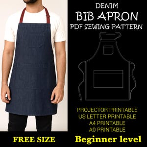 May include: A dark blue denim bib apron with a burgundy neck strap and two front pockets. The apron is free size and suitable for beginners. The image also includes a PDF sewing pattern with options for projector, US letter, A4, and A0 printing.