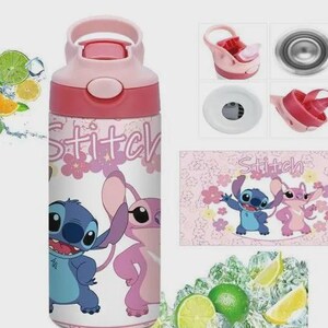 May include: A pink and white water bottle with the characters Stitch and Angel. The bottle has a flip-top lid and a pink and red colour scheme. The word "Stitch" is printed on the bottle. Includes a small pink towel with the same characters.