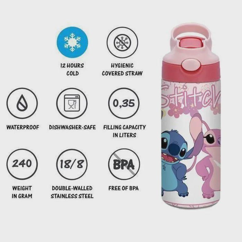 May include: A pink and white water bottle with a Stitch design. The bottle has a pink lid and a white body with a cartoon graphic. It is double-walled stainless steel, holds 0.35 litres, and is BPA-free.
