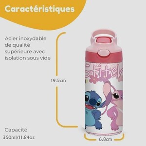 May include: A pink and white water bottle featuring the characters Stitch and Angel. The bottle is 19.5cm tall and 6.8cm wide, with a capacity of 350ml/11.84oz. The bottle has a pink lid and a flip-top opening.