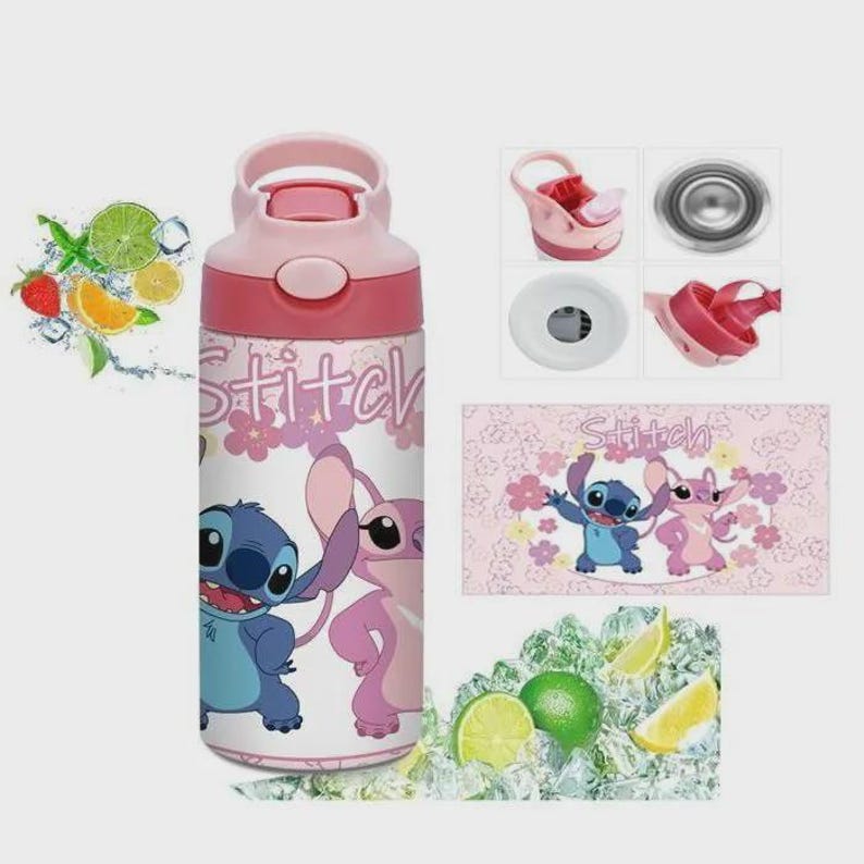 May include: A pink and white water bottle with the characters Stitch and Angel. The bottle has a flip-top lid and a pink and red colour scheme. The word "Stitch" is printed on the bottle. Includes a small pink towel with the same characters.