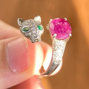 Ruby Panther Ring Sterling Silver Green Eyes Animal Cocktail Ring