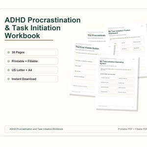 ADHD Procrastination Workbook Printable, Task Initiation Fillable ADHD Workbook, Avoidance Planner, Start Tasks PDF, A4 Letter