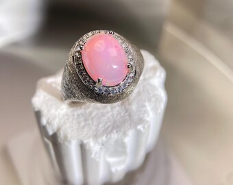 Pink Opal Sterling Silver Ring - Pave Shoulders, Cabochon Gemstone