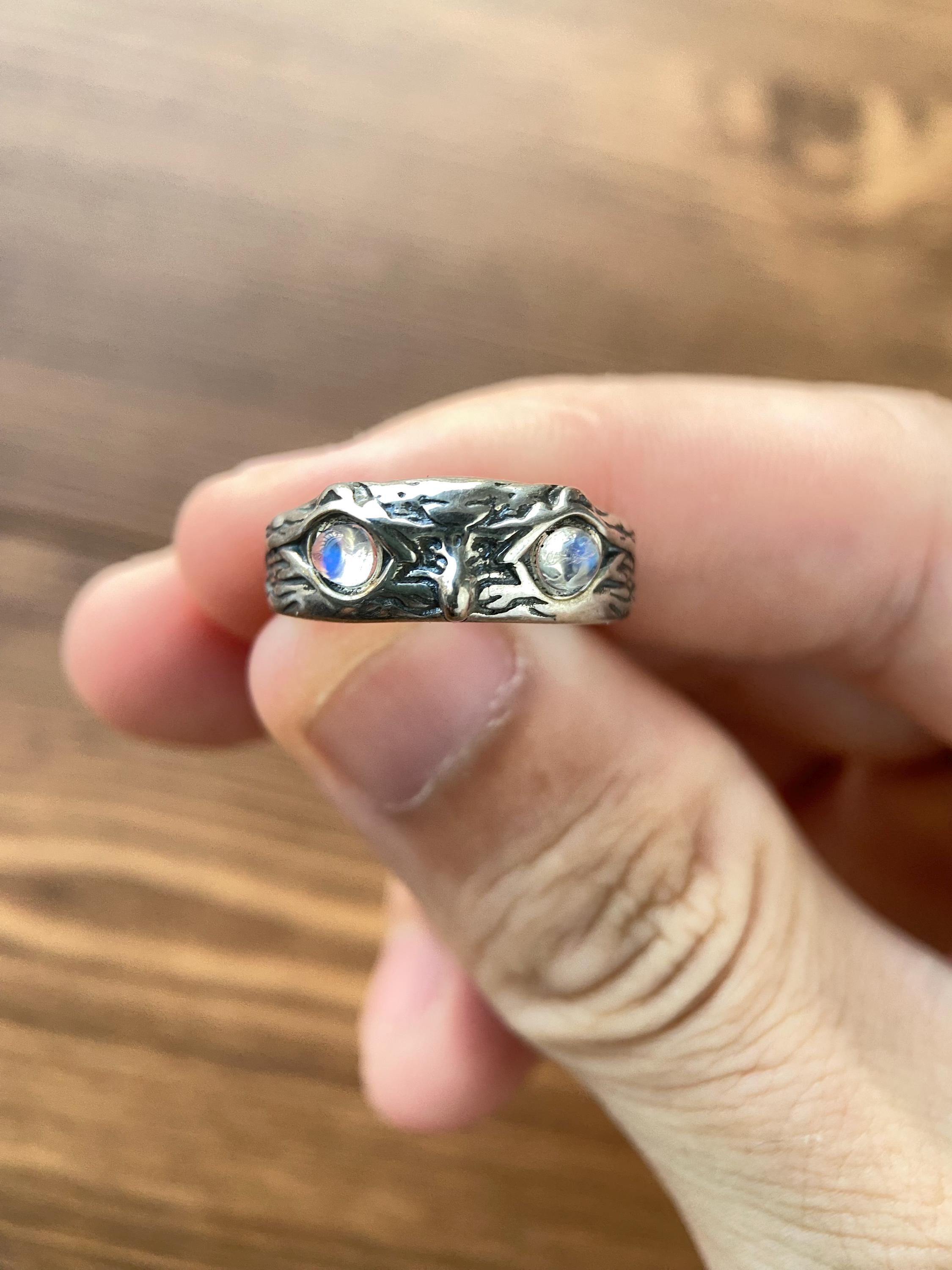 Mystic Owl Ring: Moonstone Eyes, Oxidized Sterling Silver