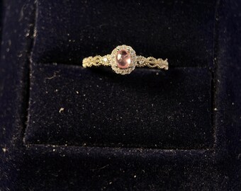 Vintage Pink Sapphire Ring: 18K Gold Plated Sterling Silver Halo