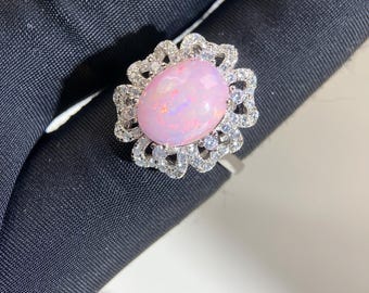 Pink Opal Halo Floral Silver Band
